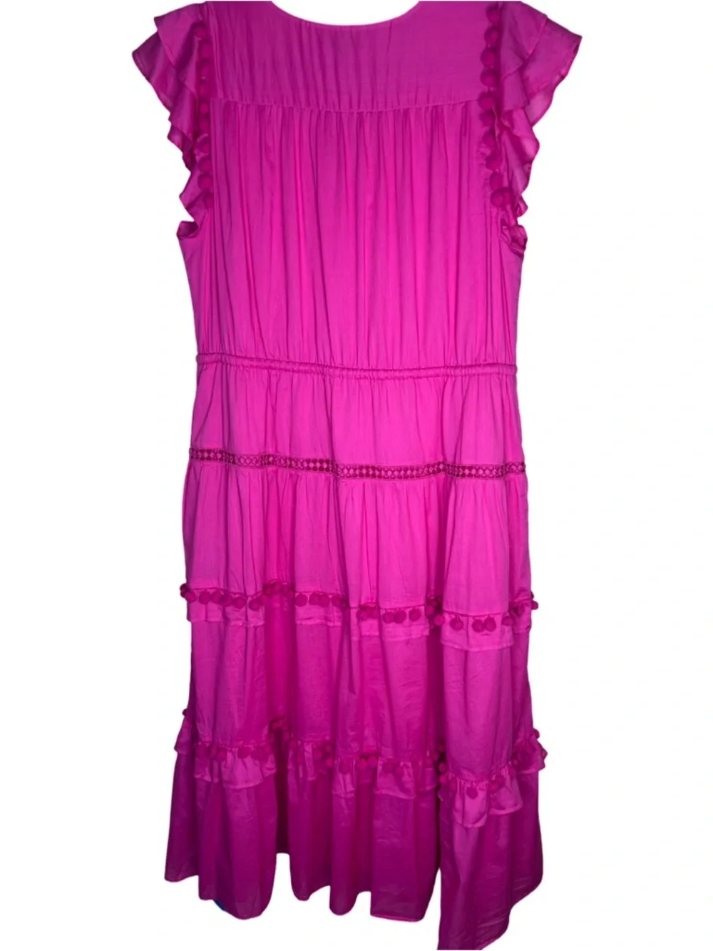 NWT J. Crew Pink Tiered Midi Dress with Flutter Sleeves and Pom Pom Trim Sz 14
